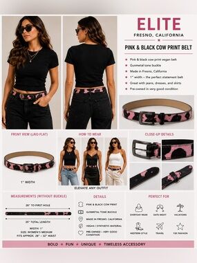 Elite Fresno California Pink Black Cow Print Belt Women's M 1"W